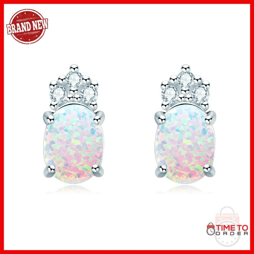 Sterling Silver Opal Stud Earrings 6x8mm Hypoallergenic Gift